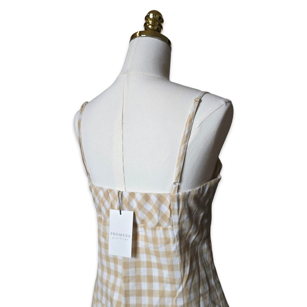 Promesa Gingham Mini Dress L Tan White Plaid Bustier Fit Flare Cottagecore NWT - Picture 3 of 15